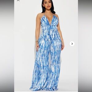 Fashion Nova Sipping Mai Tais Satin Jumpsuit - Blue/combo wide leg halter Large